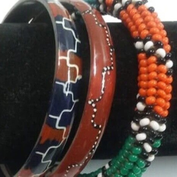 BUNDLE: African Patterned Beaded Painted Bangle Bracelet Trios (Multiple Colors) - Picture 3 of 12